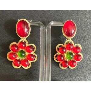 Mogul Earrings Dangle Statement Cabochon Gold Tone Red Signed Kovonchy New